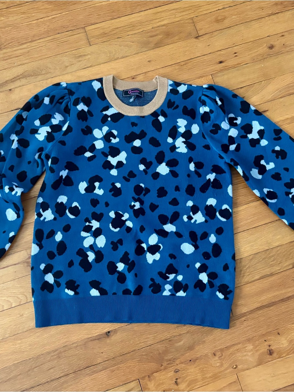 C. Wonder Blue Leopard Print Crewneck puff sleeve Sweater by